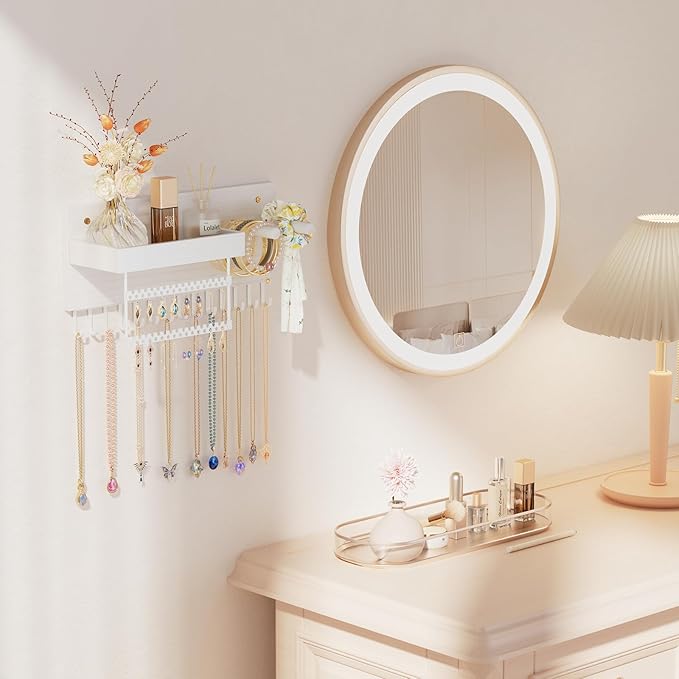 Lolalet Wall Mounted Hanging Jewelry Organizer, 15 Hooks Wooden Necklaces Holder with Storage Shelf, Easy Install Earrings Bracelets Hanger -White