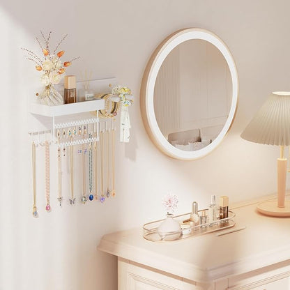 Lolalet Wall Mounted Hanging Jewelry Organizer, 15 Hooks Wooden Necklaces Holder with Storage Shelf, Easy Install Earrings Bracelets Hanger -White
