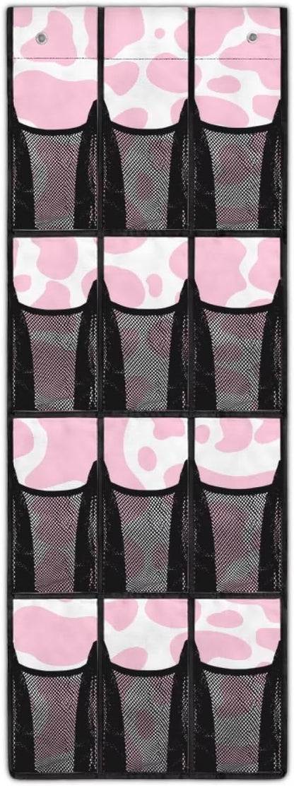 Pink Cow Print Over the Door Shoe Organizer 12 Large Mesh Pockets Sturdy Shoe Rack for Door Hanger Storage Holder for Dorm Bedroom