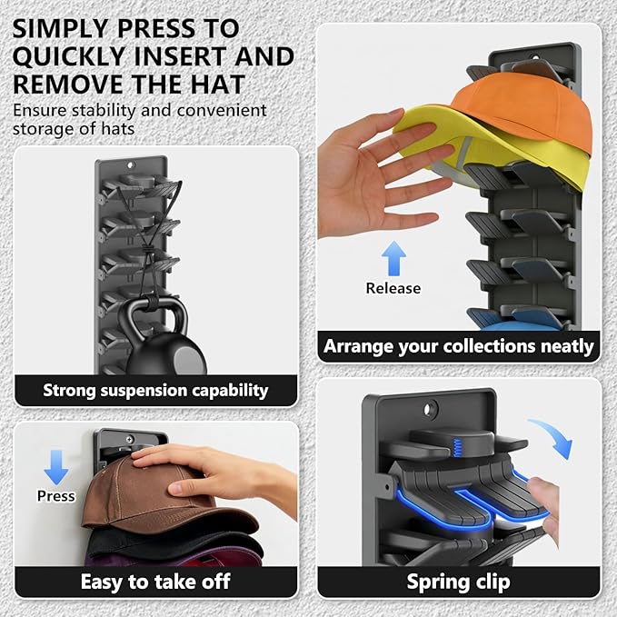 Hat Organizer for Baseball Caps with Built Spring Clips 2 Packs - Wall Mount Closet Hat Rack Holder, Storage for Wall Door/Closet Display Hat Racks Hanger (Strong Adhesive & Screws)