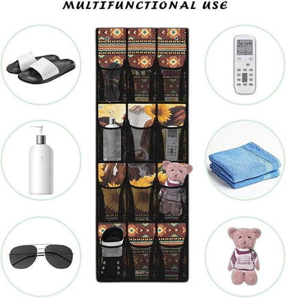 12-Pocket Over the Door Organizer, Transparent Mesh Compartments for Instant Visibility, Space-Saving Bathroom & Closet Storage,Aztec Cow