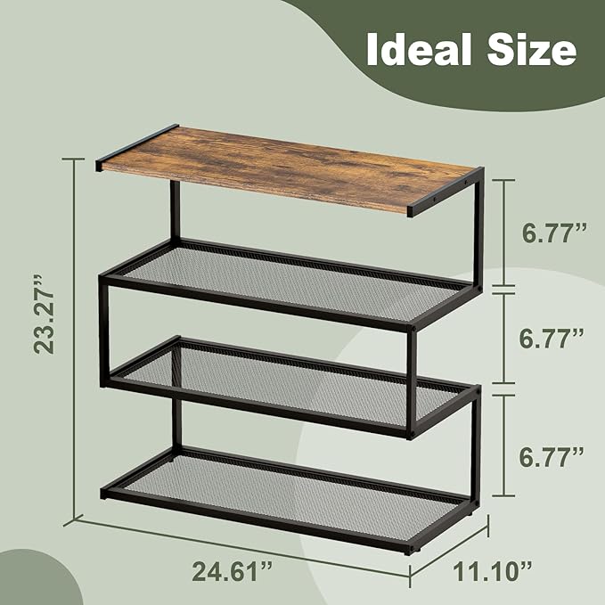 Shoe Rack, Unique 5-Shaped Free Standing Shoe Shelf, 4-Tier Wooden Shoe Organizer with Wooden Top and Steel Frame for Front Door Entrance, Entryway, Hallway, 24.41" D x 11.02" W x 23.23" H
