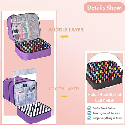 FCQQYWZ Large Nail Polish Organizer Case Hold 84+ Bottles Nail Polish & Nail Lamp, 3 Layers Nail Organizers and Storage for Nail Tech with Divider, Travel Carrying Case(Purple)