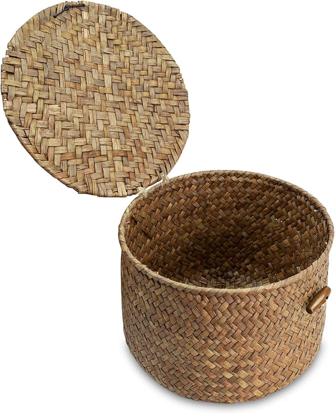 Seagrass Handmade Basket with Lid, Small Round Basket for Storage, Decorative Home Organizer Decor(7"L x 7"W x 5"H, Coffee)