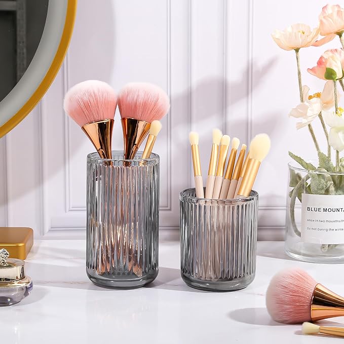 DASITON Makeup Brush Holder Organizer, Crystal Glass Makeup Brushes Storage Holder, Vintage Make Up Brush Cup for Vanity, Pen Pencil Holder for Desk, Toothbrush Holders for Bathroom (Grey SL)