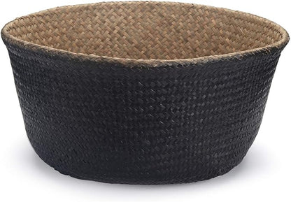 DOKOT Seagrass Belly Basket with Handles Natural Woven Planter Baskets for Indoor Plants Storage Laundry (Black 8 inch D x 9 inch H)