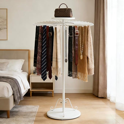 White 360°Rotating Scarf Display Tie Rack Belt Hanger Shawl Hijab Stand, Boutique Retail Display Stand Home Organizer Holder for Commercial Clothing Store, Bedroom(49.2in,30 Hanging Rods)