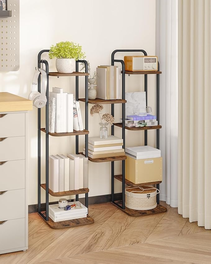 Hzuaneri 6 Tiers Vertical Shoe Rack, Narrow Shoe Tower, Tall Shoes Shelf with 2 Hooks, Adjustable Shelves, Corner Shoes Shelves for Small Spaces, Entryway, Living Room, Rustic Brown SR04201B