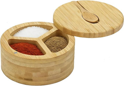 3 Compartment Wood Spice Jar, Salt and Pepper Holder with Rotating Lid & Spoon, Dustproof Condiment Container for Kitchen Countertop, Versatile Spice Cellar for Home Cooking, Picnic, BBQ, Restaurant