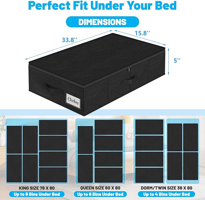 Under Bed Storage Container Bins 4 Pack, 5 Inch Thin Low Profile Underbed Clothes Storage Organizer for Dorm & Home, Use for Blanket and Toy Storage Box W/ Sturdy Bottom/Sides, Foldable Thick Fabric