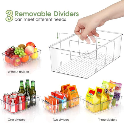ZIZOTI Snack Organizer for Pantry Shelf, 8 Pack Clear Plastic Pantry Storage Bins with 3 Dividers for Snacks, Spices, Chips Food Organizer, Stackable Pantry Organizers for Kitchen, Fridge, Cabinet