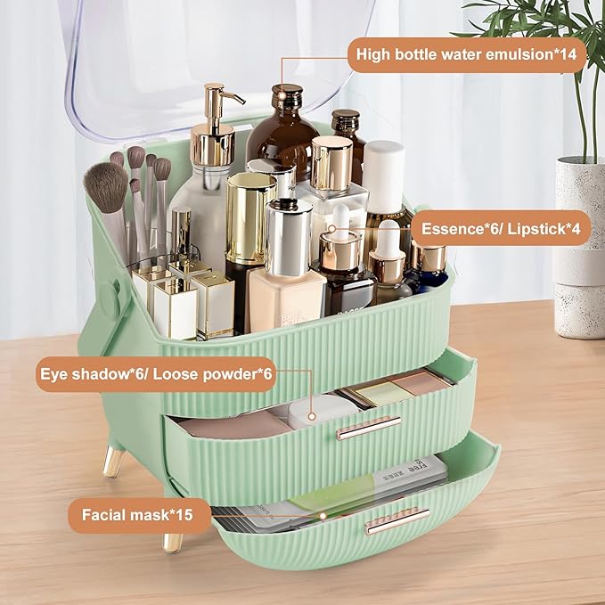 Makeup Organizer for Vanity, Large Capacity Skincare Cosmetic Organizer Countertop with 2 Drawers, Cosmetic Display Cases Makeup Storage Box for Bedroom, Bathroom, Ideal Gifts for Women(Green)