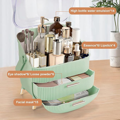 Makeup Organizer for Vanity, Large Capacity Skincare Cosmetic Organizer Countertop with 2 Drawers, Cosmetic Display Cases Makeup Storage Box for Bedroom, Bathroom, Ideal Gifts for Women(Green)