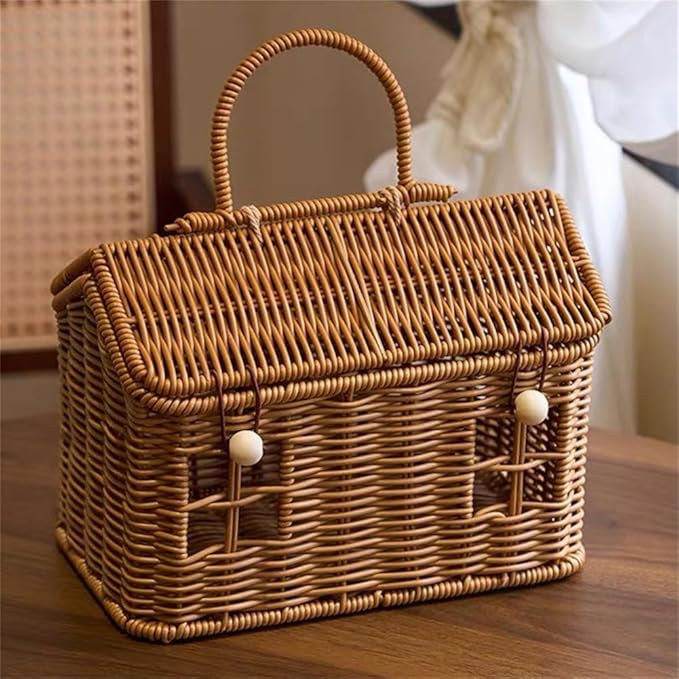 Rattan House Shape Storage Basket with Lid, Small Doll House, Decorative Hand Woven Shelf Organizer with Handle, Natural Harvest Wicker Basket for Picnics, Organizing, Storage (A, 1)