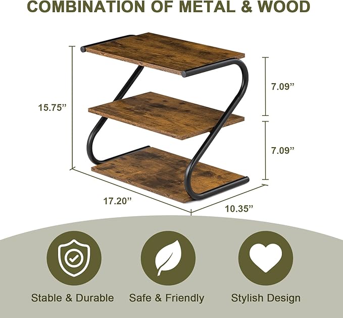 Small 3-Tier Shoe Rack Organizer, S-Shaped Wooden Shoe Shelf with Durable Metal Shelves, Free Standing Shoe Storage for Entryway, Hallway, Living Room, Closet, Bedroom (17.2”), Rustic Brown