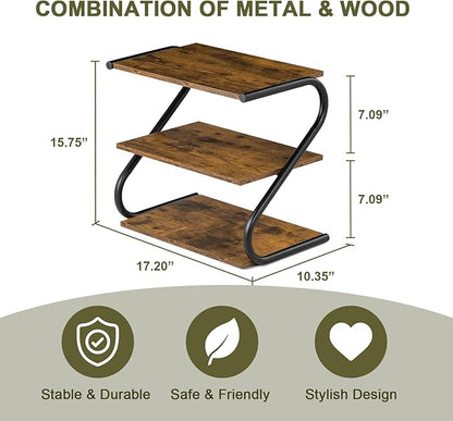 Small 3-Tier Shoe Rack Organizer, S-Shaped Wooden Shoe Shelf with Durable Metal Shelves, Free Standing Shoe Storage for Entryway, Hallway, Living Room, Closet, Bedroom (17.2”), Rustic Brown