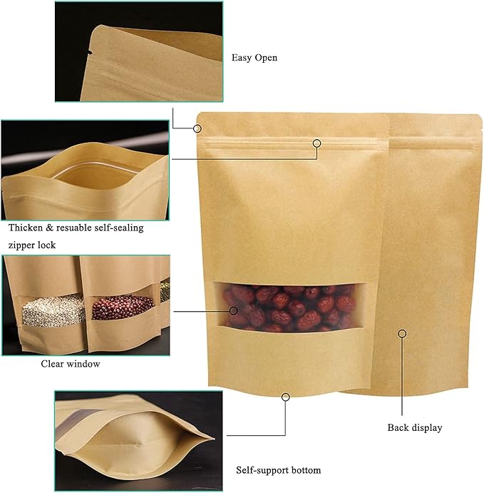 100pcs Kraft Paper Treat Bags with Window, Ziplock Stand Up Pouches for Packing Food Cookies Snacks