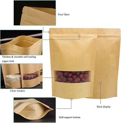 100pcs Kraft Paper Treat Bags with Window, Ziplock Stand Up Pouches for Packing Food Cookies Snacks
