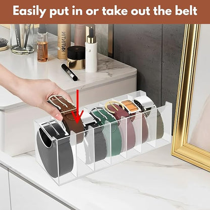 Acrylic Belt Organizer with 7 Compartments – Clear Belt Container Display Holder for Closet or Drawer, Ideal Storage Box for Belts, Ties, and Accessories for Men and Women, Home Use