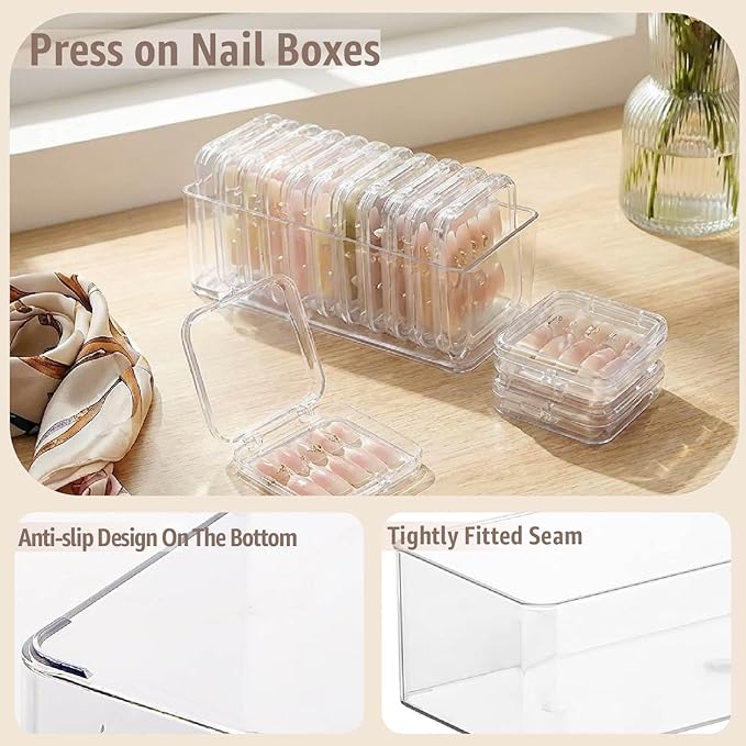 Clear Press On Nail Storage Containers 12-Pack Stackable Cases, Press Ons Nail Packaging Organizer Case, Acrylic Tips and Fake Nails Display Box for Travel and Salon Use (Clear 06)