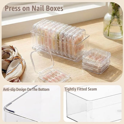 Clear Press On Nail Storage Containers 12-Pack Stackable Cases, Press Ons Nail Packaging Organizer Case, Acrylic Tips and Fake Nails Display Box for Travel and Salon Use (Clear 06)