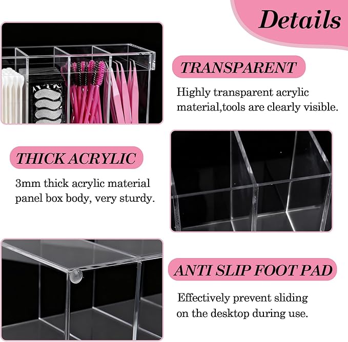 Klmnop Lash Extension Organizer with Lid, 4-Compartment Acrylic Storage Box for Lash Techs, Clear Eyelash Supplies Container Case with for Makeup Brushes and Beauty Tools(Clear)