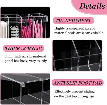 Klmnop Lash Extension Organizer with Lid, 4-Compartment Acrylic Storage Box for Lash Techs, Clear Eyelash Supplies Container Case with for Makeup Brushes and Beauty Tools(Clear)