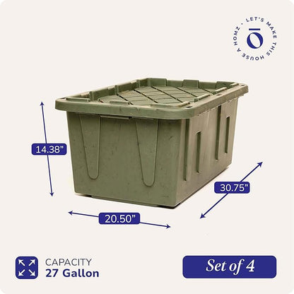 HOMZ 4-Pack Durabilt Tote, Heavy Duty Plastic Storage Bins with Lids, 27 Gallon, Green Camo - Stackable Organizing Containers for Home, Garage, and Office