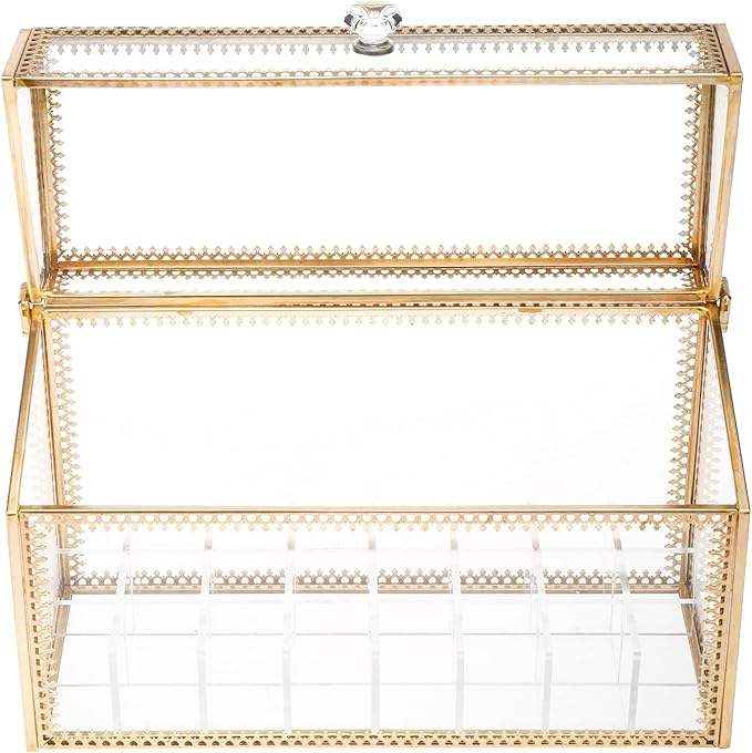 HighFree 24 Slots Glass Lipstick Organizer - Gold Vintage Transparent Display Box With Lid & Removable Dividers for Lip Gloss