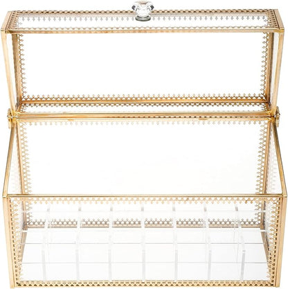HighFree 24 Slots Glass Lipstick Organizer - Gold Vintage Transparent Display Box With Lid & Removable Dividers for Lip Gloss