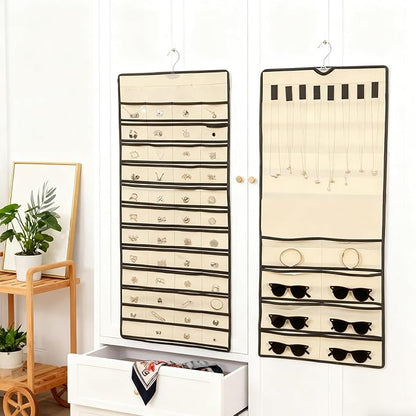 Hanging Jewelry Organizer Pockets Canvas Double Sided Rotating Hanger Necklace Hanging Wall Organizer Jewelry Roll for Earrings, Necklaces,Sunglasses,rings (Beige)