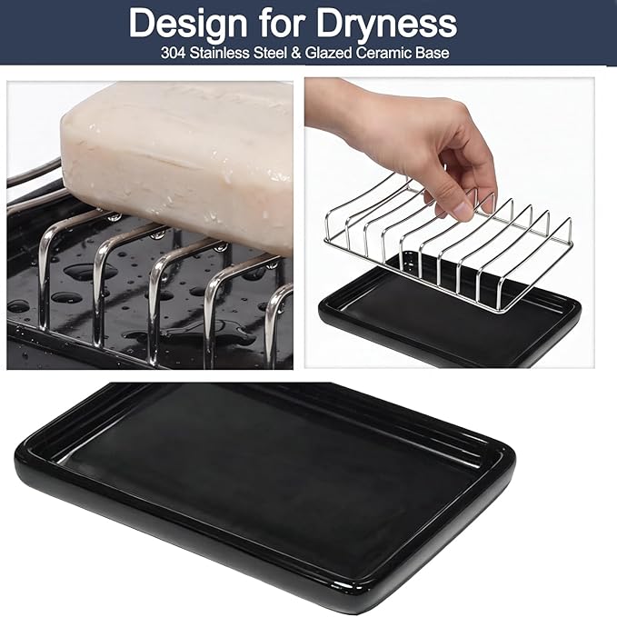 Soap Dish Drain Tray Self Draining Soap Holder Sponge Holder Soap Dishes for Shower, Bathroom, Kitchen Sink (1, C-Black)