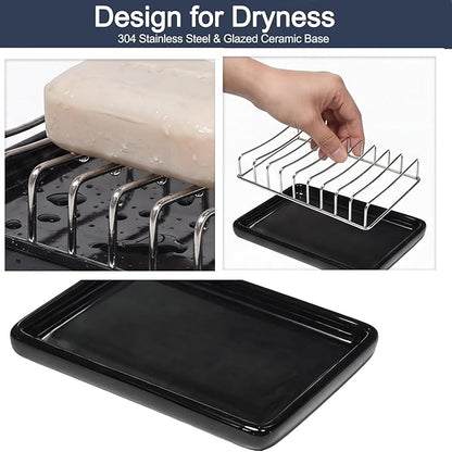 Soap Dish Drain Tray Self Draining Soap Holder Sponge Holder Soap Dishes for Shower, Bathroom, Kitchen Sink (1, C-Black)