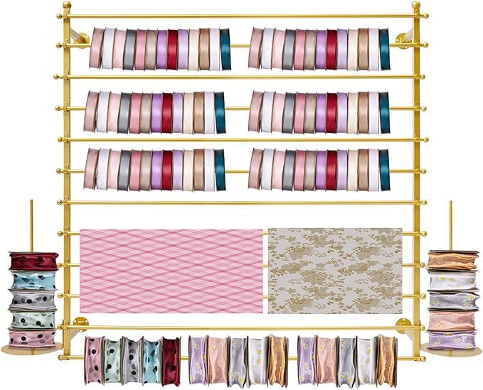 Ribbon Storage Organizer, Wall Mounted Ribbon Organizer, 12-Tier Metal Gift Wrapping Paper Rack, Spool Tie Scarf Hijab Belt Towel Hanger, for Home, Craft Room, Flower Shop, Gold, 47.2in Wide