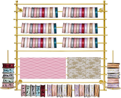 Ribbon Storage Organizer, Wall Mounted Ribbon Organizer, 12-Tier Metal Gift Wrapping Paper Rack, Spool Tie Scarf Hijab Belt Towel Hanger, for Home, Craft Room, Flower Shop, Gold, 47.2in Wide