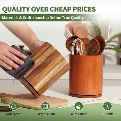 Wooden Utensil Holder, 360°Rotating 7.3'' Large Utensil Holder for Kitchen Counter, Kitchen Utensil Organizer, Utensil Crock, Farmhouse Kitchens Countertop Decor, Acacia Wood