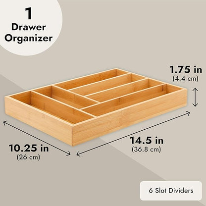 Juvale Silverware Organizer Tray - Brown Bamboo, 6-Slot, 14.5 x 10.25 x 1.75 in - Utensil Drawer Organizer & Cutlery Tray for Kitchen & Desk Use