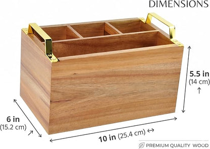 Acacia Wood Flatware Caddy - 4 Compartment Silverware Utensil Holder with Golden Metal Handles - 10" W x 6" D x 6.5" H, 2 lbs