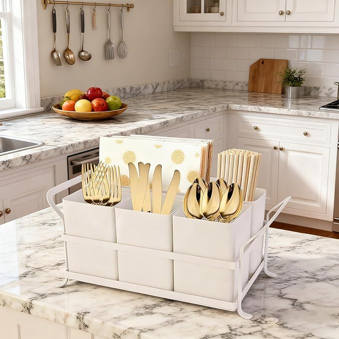Silverware Caddy Metal Utensil Holder for Party Countertop Silverware Utensil Caddy Cutlery Flatware Organizer for Spoons Forks Plates Napkins White
