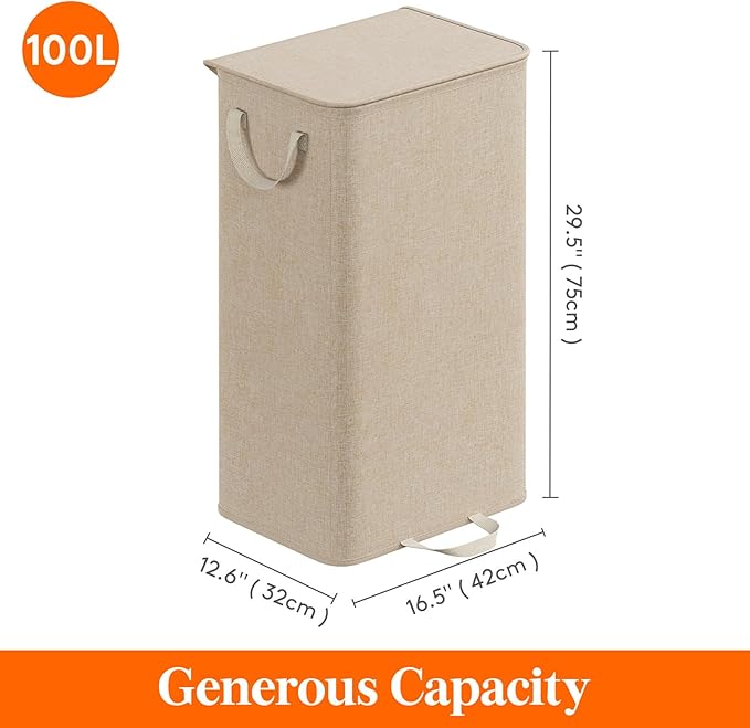 Lifewit Single Laundry Hamper with Lid and Removable Laundry Bags, Large Collapsible 1 Dividers Dirty Clothes Basket with Handles for Bedroom Laundry Room Closet Bathroom College, 100L Beige