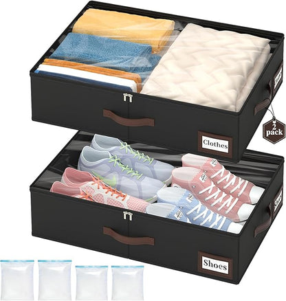 OIAHOMY 2 Pack Under Bed Storage with 4 Compression Bags, Underbed Organizers for Bedroom & Closet, Fits Beds Higher than 5.9", Space-Saving for Seasonal Clothes, Blankets & Shoes - Black