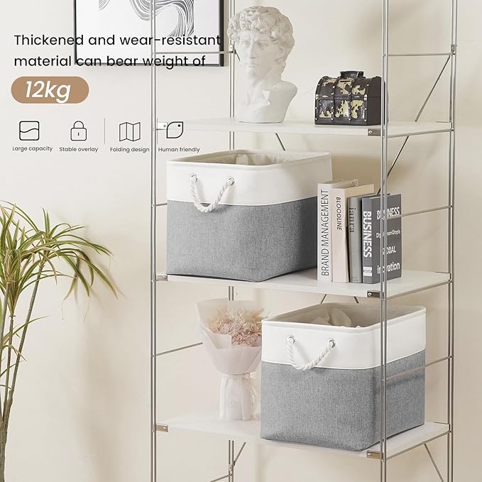 Large Storage Baskets- 16x12x12 inch Storage Bins for Shelves and Closet Organizing, Foldable Fabric Bin for Home Organization Clothes and Laundry (3-Pack, White&Gray)