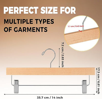 Quality Hangers Wooden Pants Hangers - Multi-Pack Swivel Hook Cloth Hanger Set - Lotus Wood Skirt, Pant, Shorts and Slack Hangers with Adjustable Clip – Clothing Hanger Set (Natural, 120)