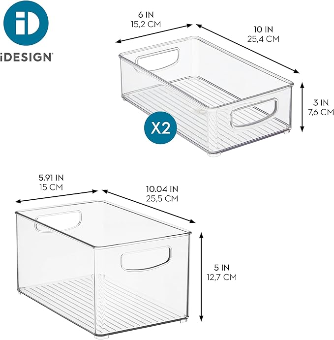 iDesign Stackable Pantry Bins with Handles, 2 Small Bins and 1 Medium Bin, 3 Pack, Clear, Made in USA
