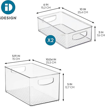 iDesign Stackable Pantry Bins with Handles, 2 Small Bins and 1 Medium Bin, 3 Pack, Clear, Made in USA