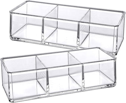 Amazing Abby - Glamour - 2-Pack Acrylic 3-Compartment Makeup Organizer, Transparent Plastic Lipstick Holder, Perfect Bathroom Vanity Storage Solution for Lipsticks, Nail Polishes, and More