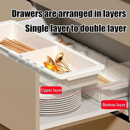 Sliding Drawer Tray with Adjustable Dividers, Expandable Kitchen Storage Organizer, Sliding Drawer Bin, Expandable Drawer Organizer, 2 PCS Drawer Organizer Trays For Utensils, Flatware, Junks