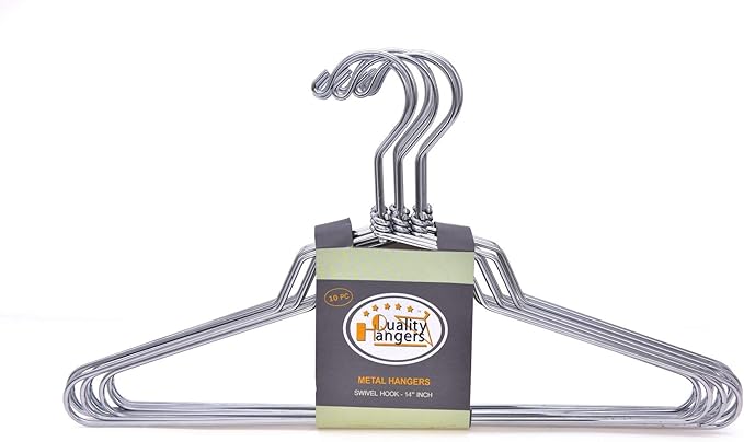 Quality Hangers Metal Hangers - Swivel Hook and Stainless Steel - Heavy Duty Wire Clothes Hangers - Available in 10 Pack - Hangers for Teens