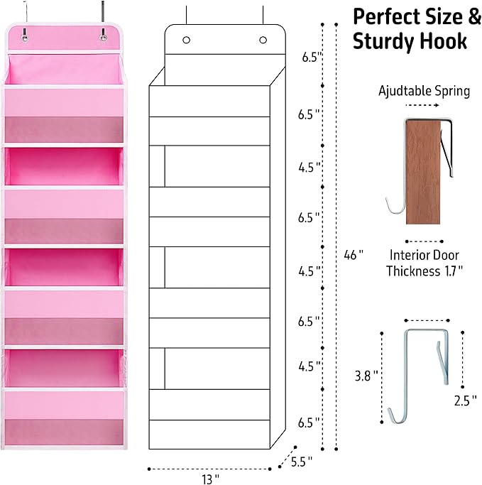 TYMENSH Over The Door Hanging Organizer with 4 Large Pockets – Closet, Bathroom, Nursery, Bedroom, Dorm Storage for Toys, Cosmetics, and Baby Essentials, Pink