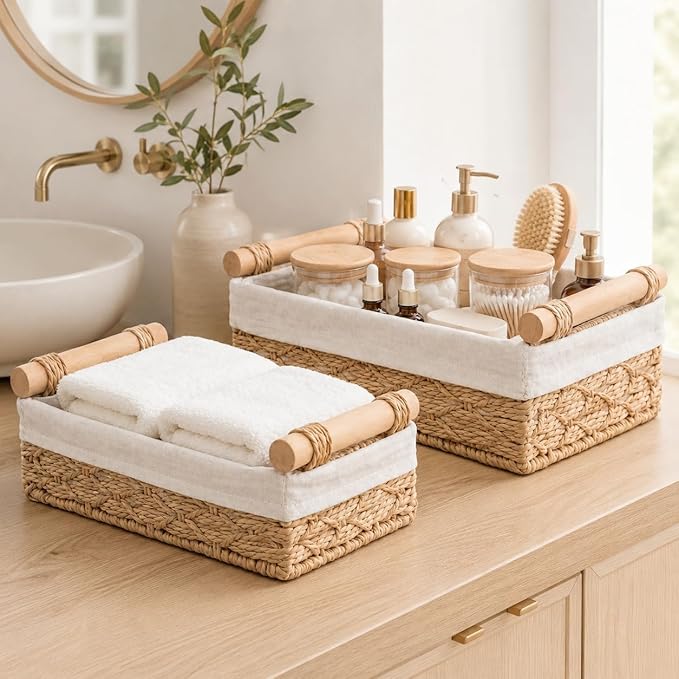 Wicker Bathroom Baskets Set of 2 with Linen Liner & Wooden Handles – Paper Rope Storage Baskets for Shelves, Bathroom Counter, Vanity & Farmhouse Décor